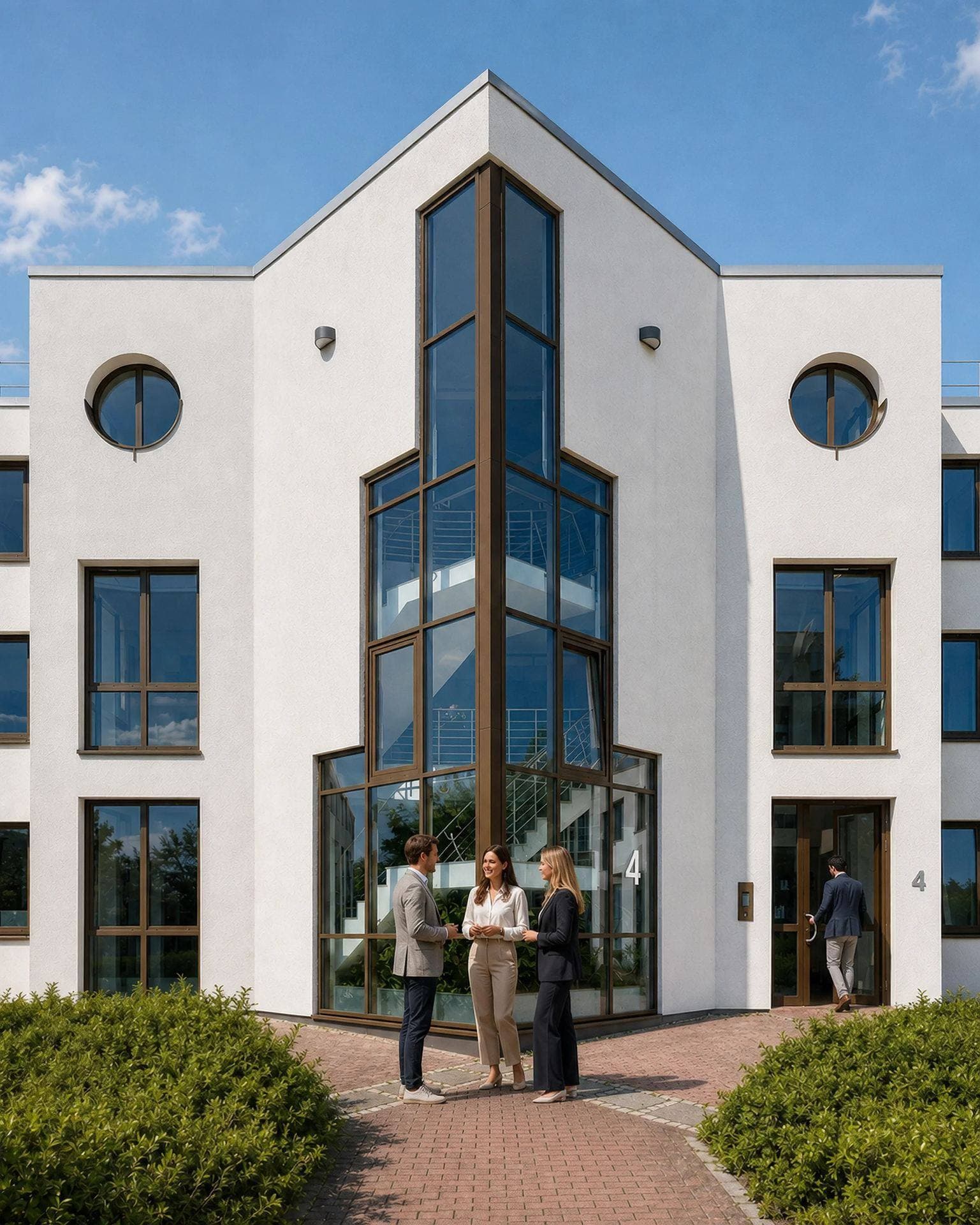 Team der Bürogemeinschaft Schönefeld vor dem Bürogebäude am Flughafen BER